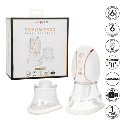 Weiß und roségold silikon sauggerät mit klarem boden marke calextics als empowered queen im produkt strkt die smarte vergnügenkönigin