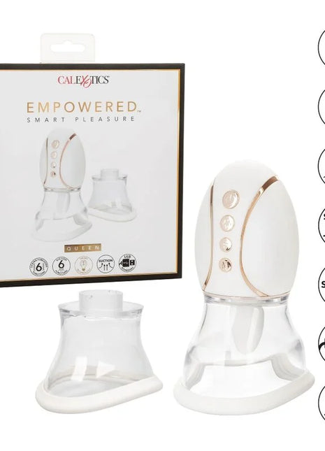 Weiß und roségold silikon sauggerät mit klarem boden marke calextics als empowered queen im produkt strkt die smarte vergnügenkönigin