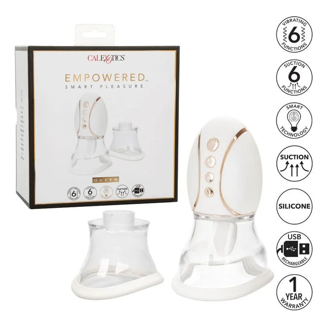 Weiß und roségold silikon sauggerät mit klarem boden marke calextics als empowered queen im produkt strkt die smarte vergnügenkönigin