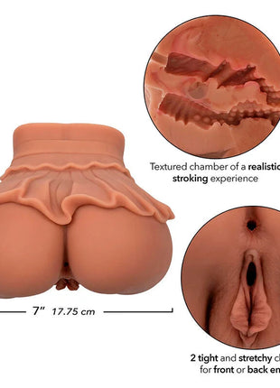 Ein pfirsichfarbener silikon-doppelter realistischer masturbator mit gerüschtem bund und texturierten kammern von calexotics