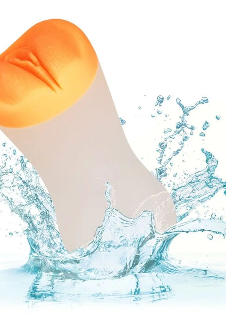 Orange und beige silikon dildo mit realistischen lippen und strukturierter oberfläche von calexotics tiefer pussy-griff