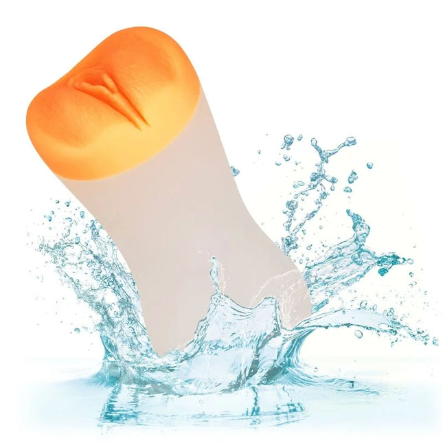 Orange und beige silikon dildo mit realistischen lippen und strukturierter oberfläche von calexotics tiefer pussy-griff