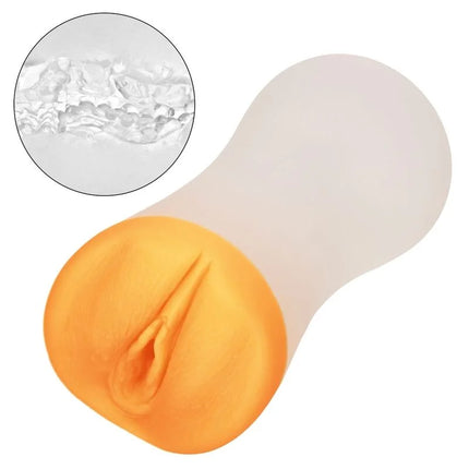 Transluzenter oranger und weißer silikon analplug mit strukturierter oberfläche von calexotics tiefer pussy-griff