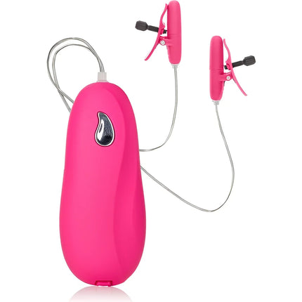 Rosa silikonummanteltes vibrierendes nibbelteaser-set von calexotics mit zwei passenden clips und dünnen verbindungskabeln