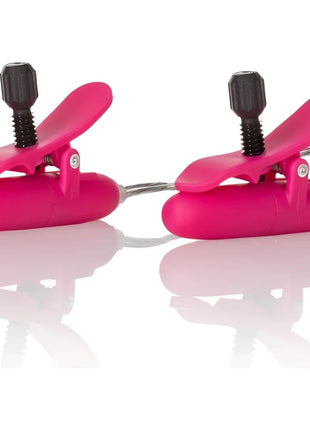 Pink silikonklammern mit schwarzen schraubverschlüssen und dünnem kabel für calexotics vibr beheizte nippel-teaser rosa
