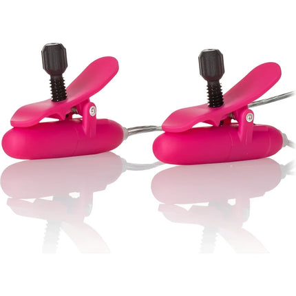 Pink silikonklammern mit schwarzen schraubverschlüssen und dünnem kabel für calexotics vibr beheizte nippel-teaser rosa