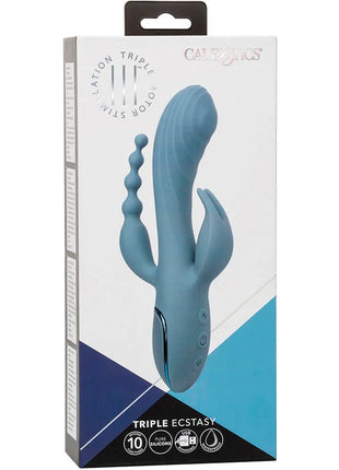 Blauer silikon dreifach motor stimulator in caldance verpackung von calexotics vibrator triple ecstasy grau