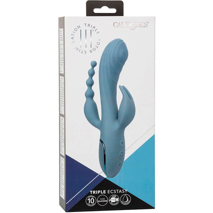 Blauer silikon dreifach motor stimulator in caldance verpackung von calexotics vibrator triple ecstasy grau
