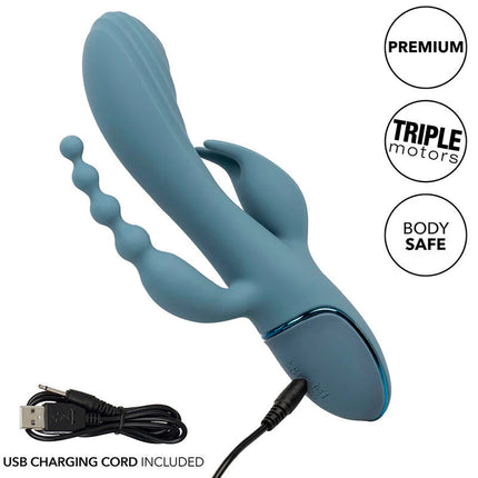 Blue silikon rabbit-vibrator mit dreifachmotoren und usb-ladekabel von CALEXOTICS triple ecstasy grau
