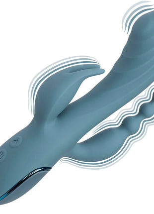 Tealfarbener silikon vibrator in hasenform mit geschwungener form und strukturierten rillen von calexotics triple ecstasy grau