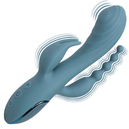 Tealfarbener silikon vibrator in hasenform mit geschwungener form und strukturierten rillen von calexotics triple ecstasy grau