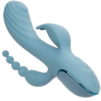 Hellblauer silikonvibrator mit gebogenem, geripptem körper und perlenartigem schwanz von calexotics