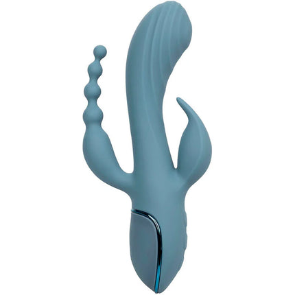 Calexotics vibrator triple ecstasy grau ist ein matt blauer silikonspielzeug mit drei einzigartigen anhängseln