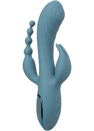 Calexotics vibrator triple ecstasy grau in mattem teal silikon mit gebogenem griff und strukturiertem segmentiertem stab