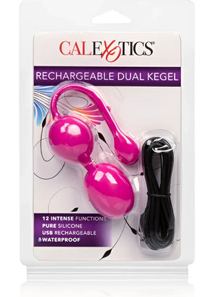 Pink silikonduales kegel exerciser mit gebogenem griff und zwei kugelförmigen spitzen im klaren calexotics verpackung