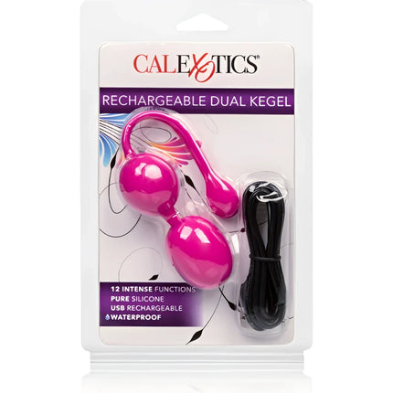 Pink silikonduales kegel exerciser mit gebogenem griff und zwei kugelförmigen spitzen im klaren calexotics verpackung