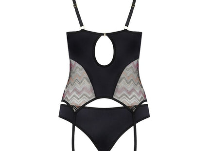 Schwarzer corsett bodysuit casmir lagerta mit transparenten mesh zickzack mustern und verstellbaren trägern