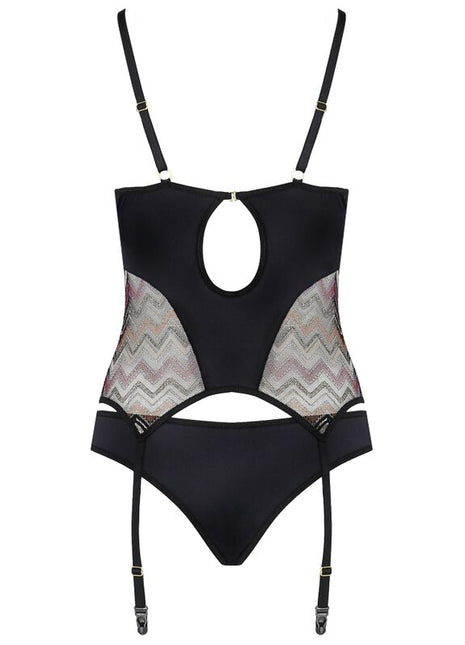 Schwarzer corsett bodysuit casmir lagerta mit transparenten mesh zickzack mustern und verstellbaren trägern