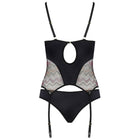 Schwarzer corsett bodysuit casmir lagerta mit transparenten mesh zickzack mustern und verstellbaren trägern