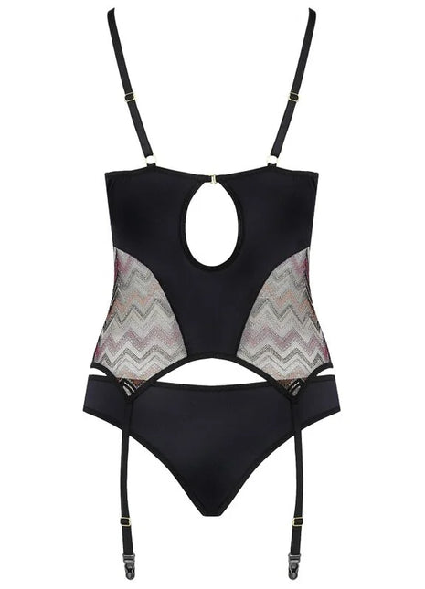 Schwarzer corsett bodysuit casmir lagerta mit transparenten mesh zickzack mustern und verstellbaren trägern