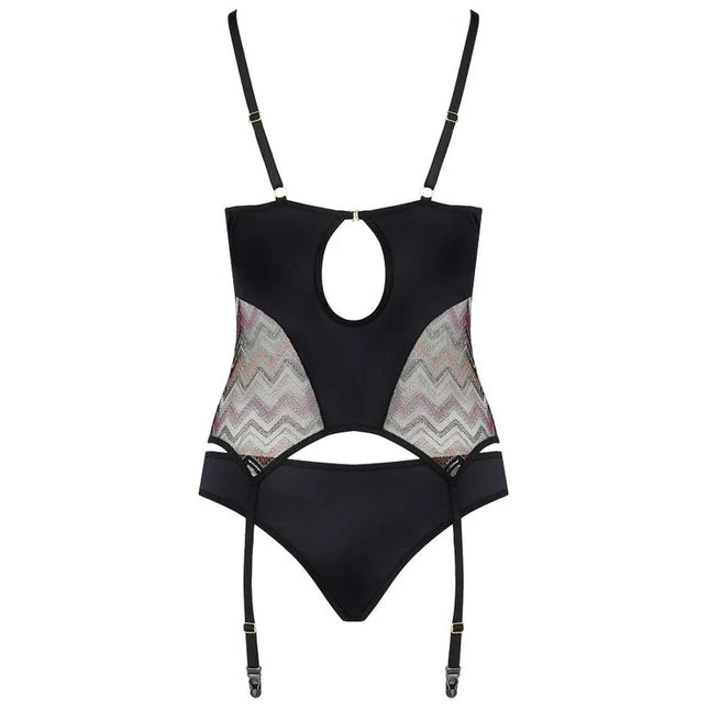 Schwarzer corsett bodysuit casmir lagerta mit transparenten mesh zickzack mustern und verstellbaren trägern