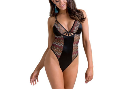 Schwarzer casmir lagerta teddy einteiler mit transparenten zickzackpanelen in erdigen tönen und satinoptik