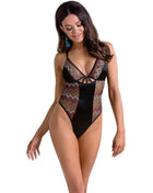 Schwarzer casmir lagerta teddy einteiler mit transparenten zickzackpanelen in erdigen tönen und satinoptik