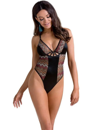 Schwarzer casmir lagerta teddy einteiler mit transparenten zickzackpanelen in erdigen tönen und satinoptik