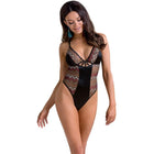 Schwarzer casmir lagerta teddy einteiler mit transparenten zickzackpanelen in erdigen tönen und satinoptik
