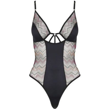 Schwarzer casmir lagerta teddy einteiler mit transparenten mesh-zickzackeinsätzen und weißer schnürung vorne