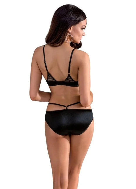 Schwarzes casmir lara zweiteiliges bikini-set mit spitzentriangle-bh und satinshorts mit rückseitiger schnürung s m