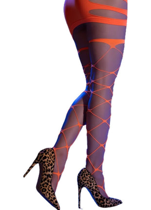 Chilirose cr 4264 cabaret strumpfhose weiss s m orange und lila mesh strümpfe mit geometrischem muster