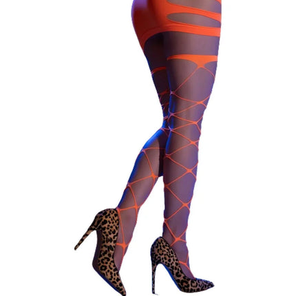 Chilirose cr 4264 cabaret strumpfhose weiss s m orange und lila mesh strümpfe mit geometrischem muster