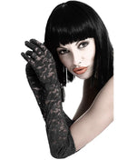Schwarze spitzenhandschuhe chilirose cr 3071 mit floralen mustern und fransen am rand