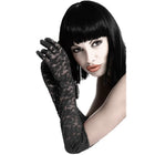 Schwarze spitzenhandschuhe chilirose cr 3071 mit floralen mustern und fransen am rand