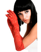 Rote spitzenhandschuhe chilirose cr 3071 mit filigranem blumenmuster, rückseite der handschuhe sichtbar