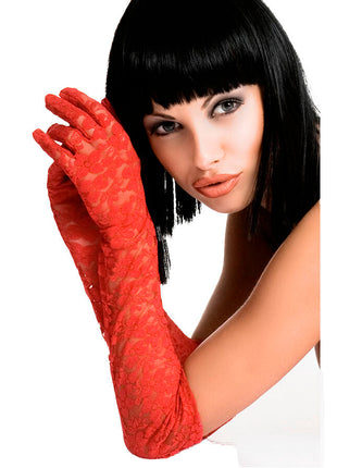 Rote spitzenhandschuhe chilirose cr 3071 mit filigranem blumenmuster, rückseite der handschuhe sichtbar