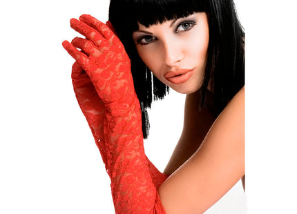 Rote spitzenhandschuhe chilirose cr 3071 mit filigranem blumenmuster, rückseite der handschuhe sichtbar