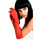 Rote spitzenhandschuhe chilirose cr 3071 mit filigranem blumenmuster, rückseite der handschuhe sichtbar