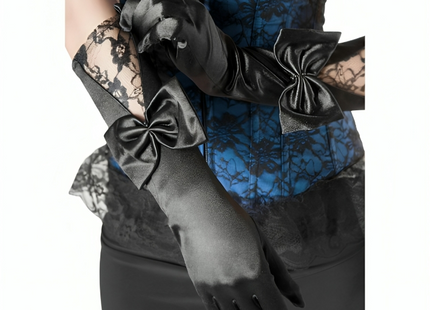 Schwarze satin opernhandschuhe chilirose cr 3252 mit dekorativen schleifen am handgelenk