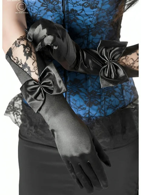 Schwarze satin opernhandschuhe chilirose cr 3252 mit dekorativen schleifen am handgelenk