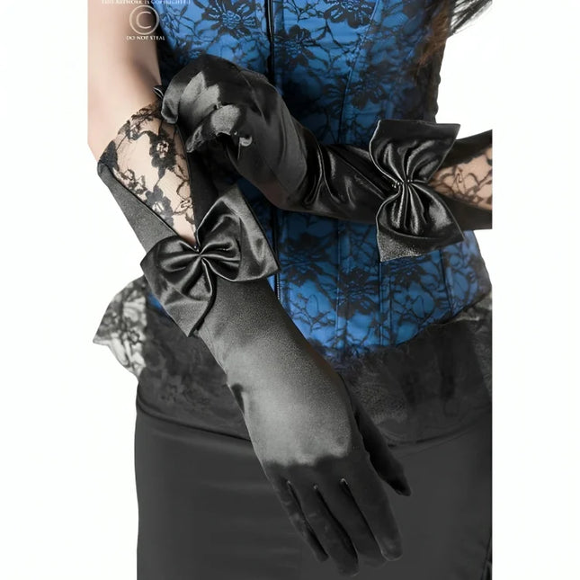 Schwarze satin opernhandschuhe chilirose cr 3252 mit dekorativen schleifen am handgelenk