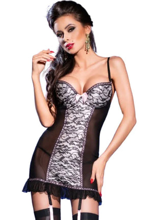 Black lace und transparentes mesh nachthemd mit weißer schleife am bust von chilirose cr 3280 babydoll und tanga schwarz s m