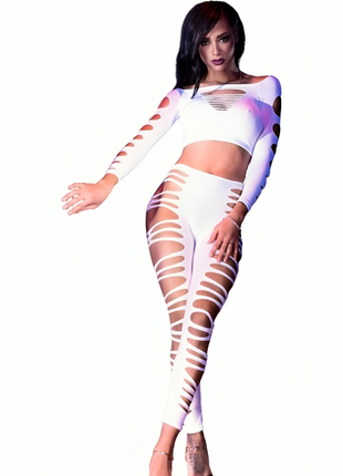 Weißes skeleton-muster zweiteiliges outfit chilirous cr 3654 top und leggins mit transparenten einsätzen und holografischem glanz