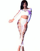 Weißes skeleton-muster zweiteiliges outfit chilirous cr 3654 top und leggins mit transparenten einsätzen und holografischem glanz