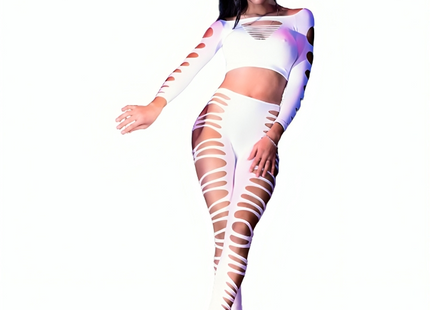 Weißes skeleton-muster zweiteiliges outfit chilirous cr 3654 top und leggins mit transparenten einsätzen und holografischem glanz