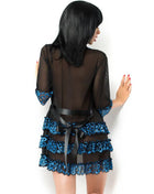 Schwarzer transparenter chilirose bademantel mit blauer spitzeneinfassung und schwarzem satinband lxl