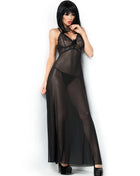 Schwarzer spitzen- und transparenter neckholder-nachthemd mit hohem schlitz chilirose cr 3883 babydoll lang rot s/m