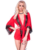 Roter satinbademantel chilirose cr 4113 mit schwarzer spitzenverzierung und passendem bindegürtel gr l xl