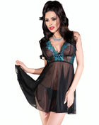 Schwarzes und tealfarbenes spitzen-lingerie-kleid mit transparentem overlay von chilirose cr 4214 babydoll rosa und schwarz s/m